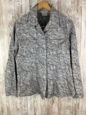 Chico's Textured Silver Rose Swirl Lightweight Jacket Shirt Button Up Size 1 (M)